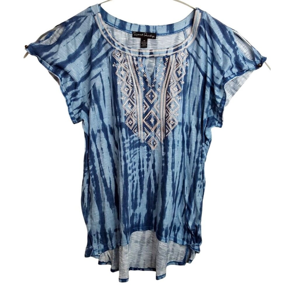French Laundry Blue‎ Tie Dye Embroidered High Low Top Womens 1X Cold Shoulder